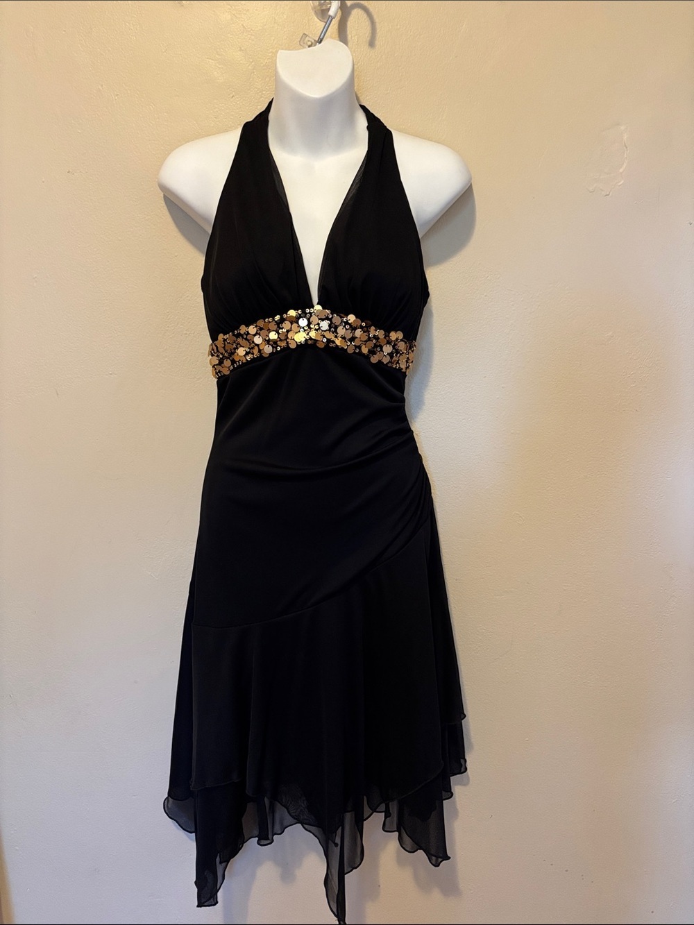 Trixxi Black One-Shoulder Halter Dress with Gold Sequin Band